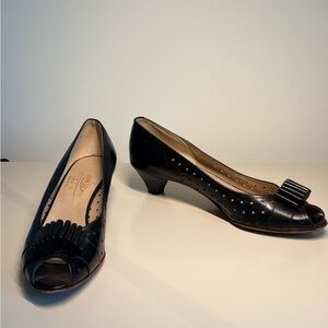 Vintage Black Leather Peep-Toe Kitten Heels